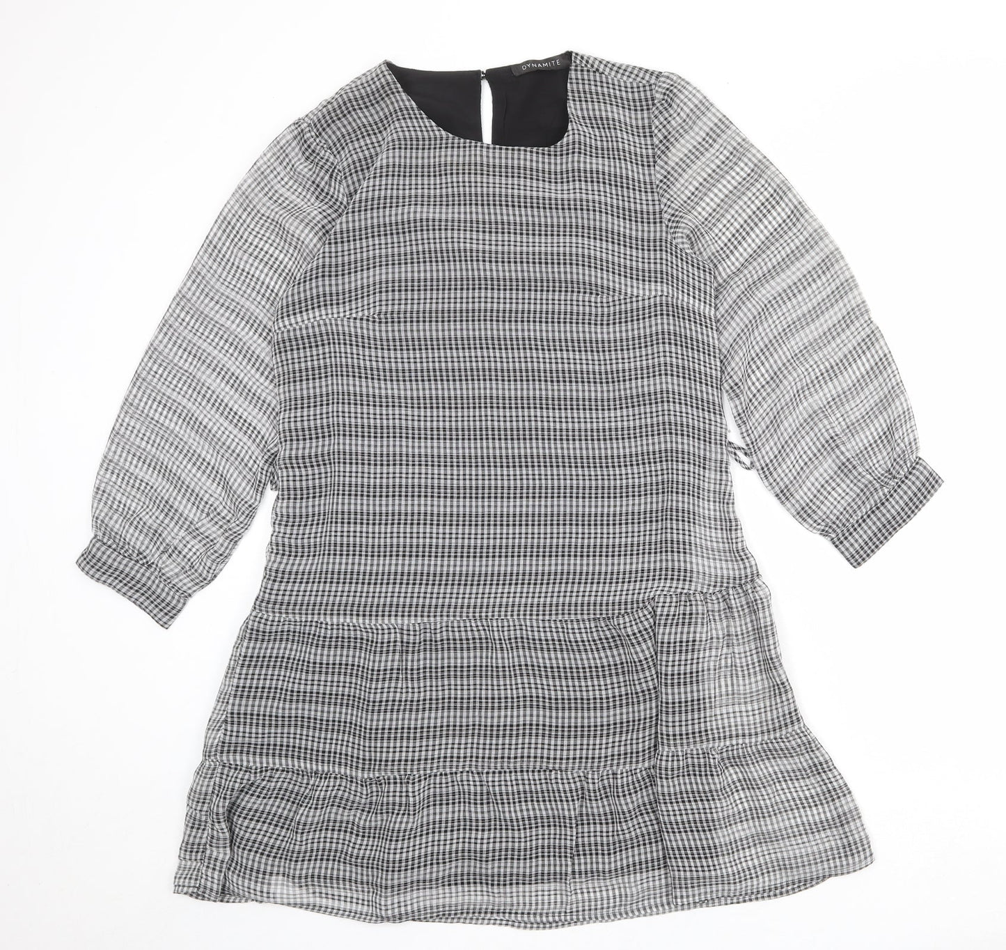 Dynamite Womens Grey Check Polyester A-Line Size M Round Neck Button