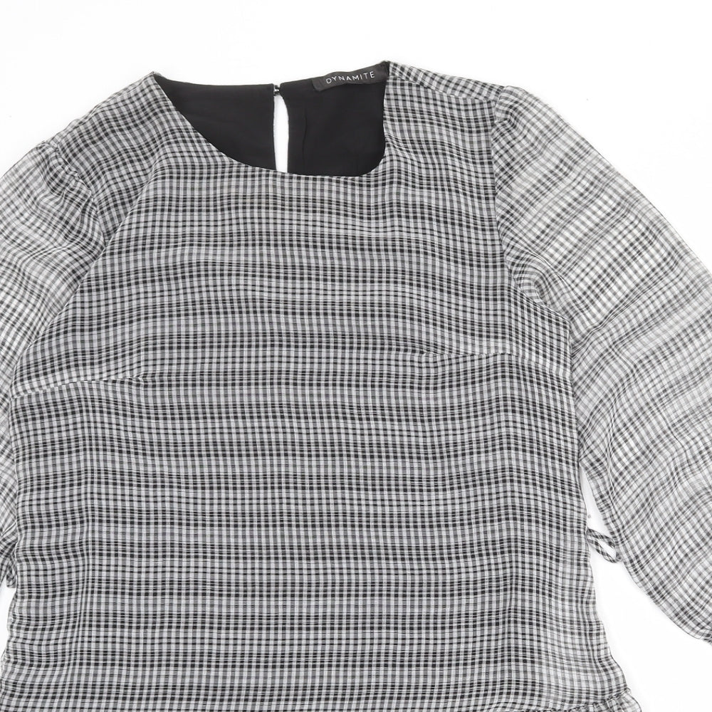 Dynamite Womens Grey Check Polyester A-Line Size M Round Neck Button