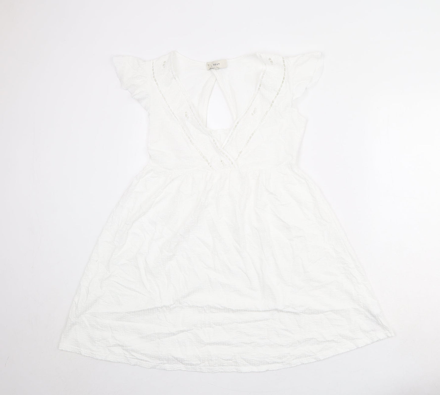 NEXT Womens White 100% Cotton Fit & Flare Size 8 V-Neck Pullover - Ruffle