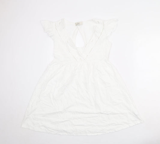 NEXT Womens White 100% Cotton Fit & Flare Size 8 V-Neck Pullover - Ruffle