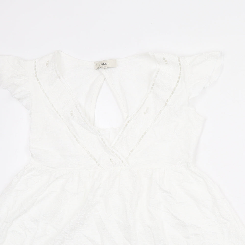 NEXT Womens White 100% Cotton Fit & Flare Size 8 V-Neck Pullover - Ruffle