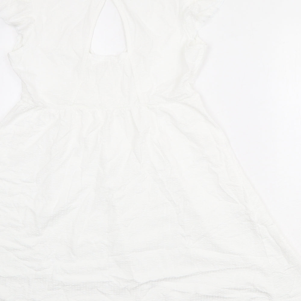 NEXT Womens White 100% Cotton Fit & Flare Size 8 V-Neck Pullover - Ruffle