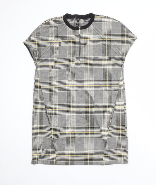 Zara Womens Multicoloured Plaid Polyester A-Line Size S Round Neck Zip