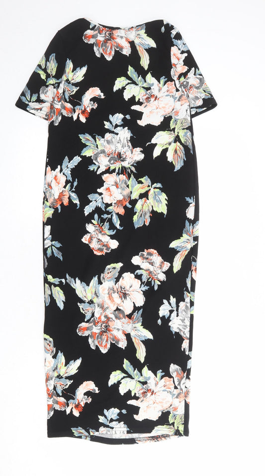 Boohoo Womens Black Floral Polyester A-Line Size 8 Round Neck Pullover