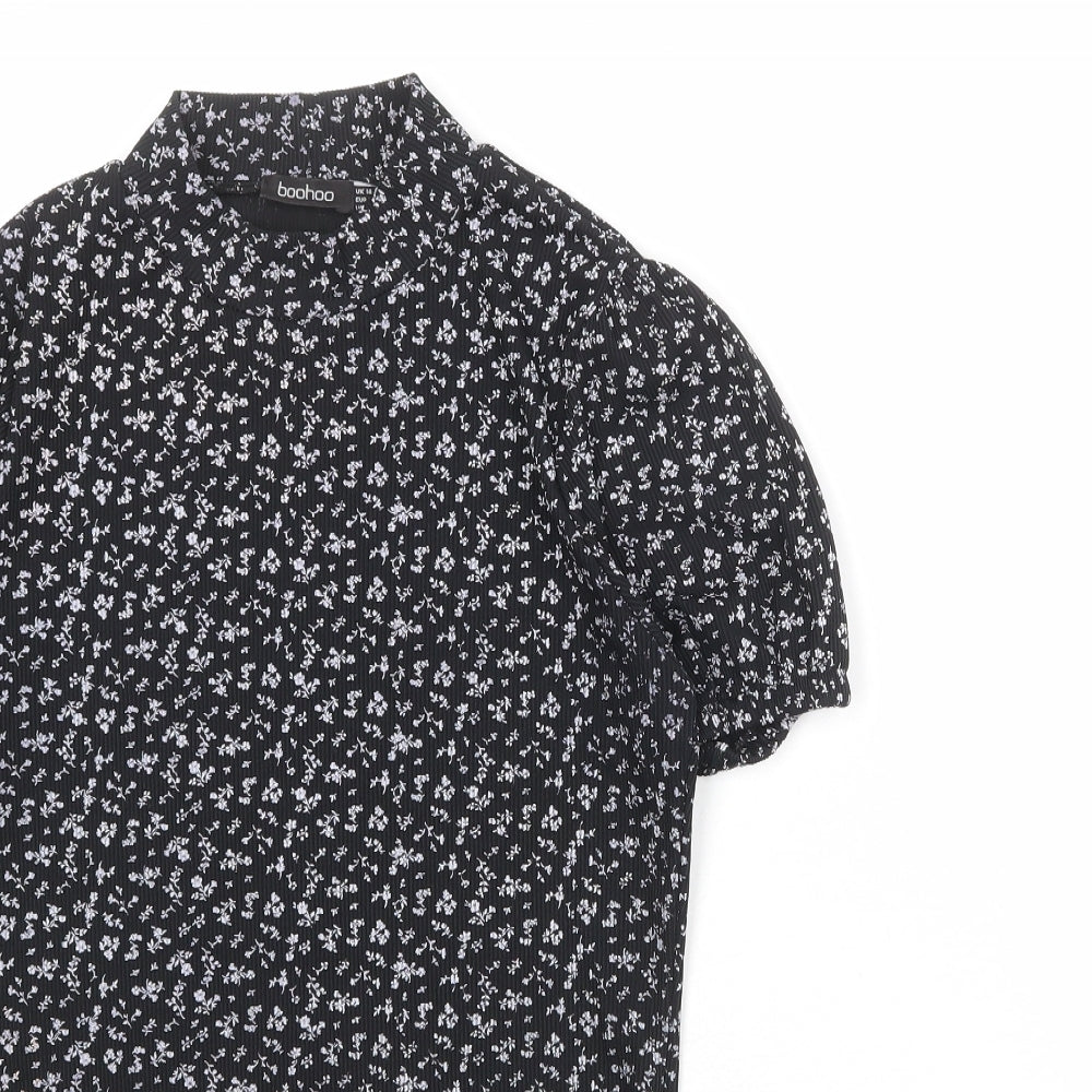 Boohoo Womens Black Floral Polyester Bodysuit One-Piece Size 14 Snap