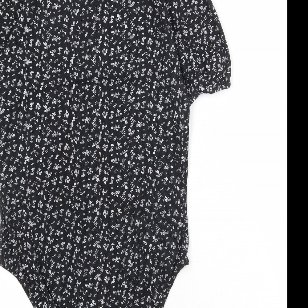 Boohoo Womens Black Floral Polyester Bodysuit One-Piece Size 14 Snap