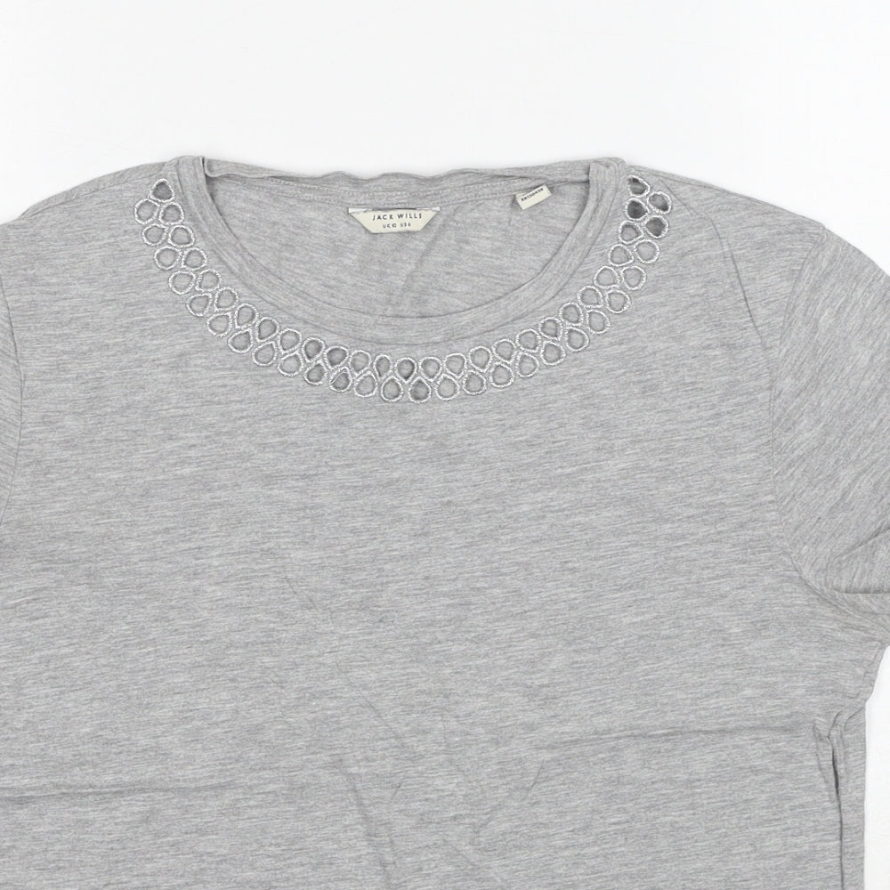 Jack Wills Womens Grey Cotton Basic T-Shirt Size 10 Round Neck - Broderie Anglaise