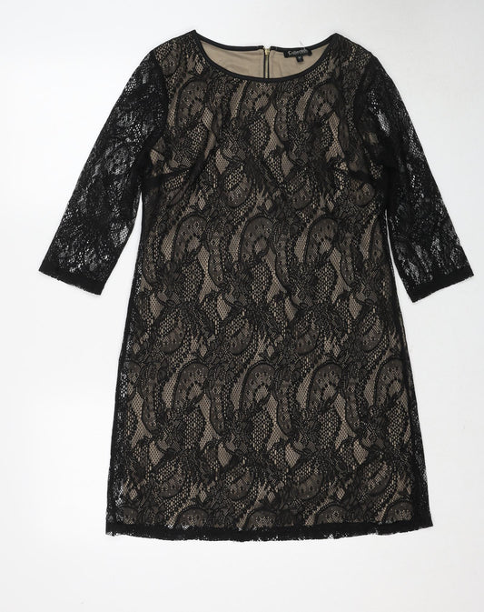 First Avenue Womens Black Geometric Polyester A-Line Size 10 Round Neck Zip