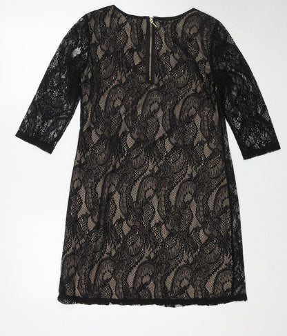First Avenue Womens Black Geometric Polyester A-Line Size 10 Round Neck Zip