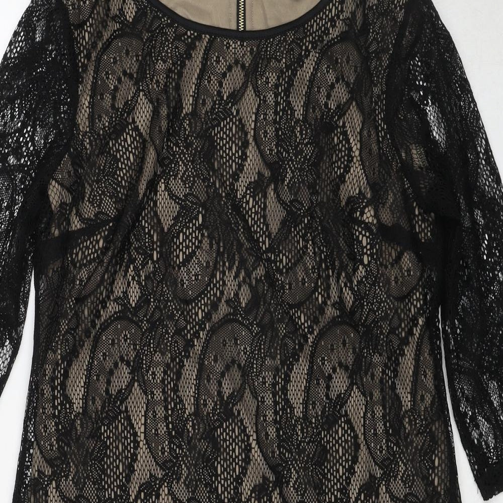 First Avenue Womens Black Geometric Polyester A-Line Size 10 Round Neck Zip