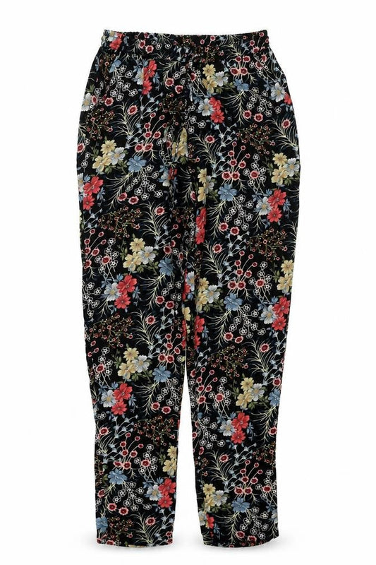 Front view of Only women’s multicoloured floral polyester harem trousers, size UK 6, regular drawstring
