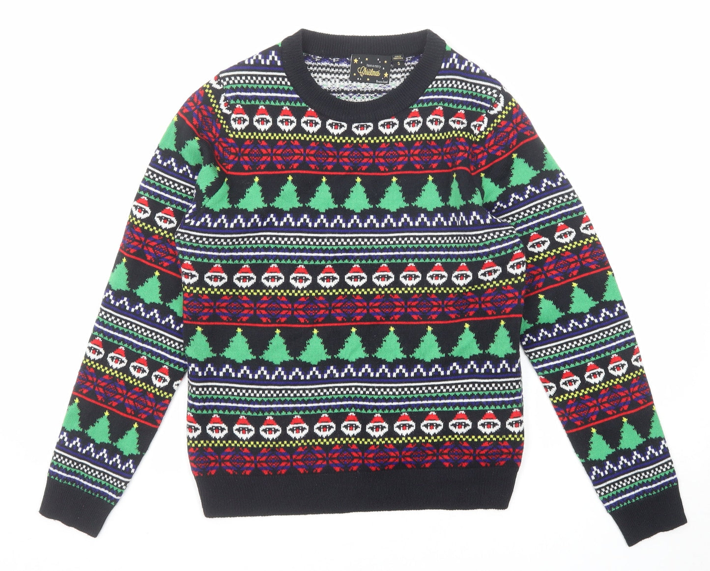 Brave Soul Mens Black Round Neck Fair Isle Acrylic Pullover Jumper Size S Long Sleeve - Christmas tree Father Christmas