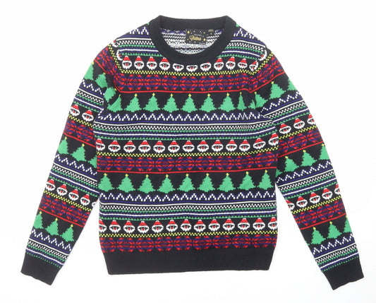 Brave Soul Mens Black Round Neck Fair Isle Acrylic Pullover Jumper Size S Long Sleeve - Christmas tree Father Christmas