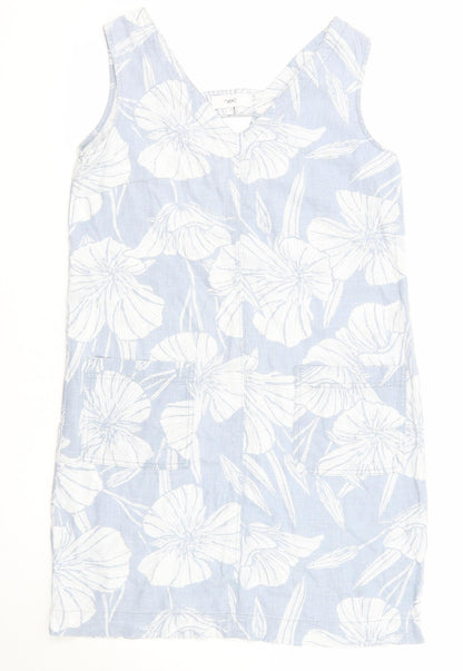 NEXT Womens Blue Floral Linen A-Line Size 8 V-Neck Pullover