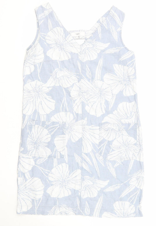 NEXT Womens Blue Floral Linen A-Line Size 8 V-Neck Pullover