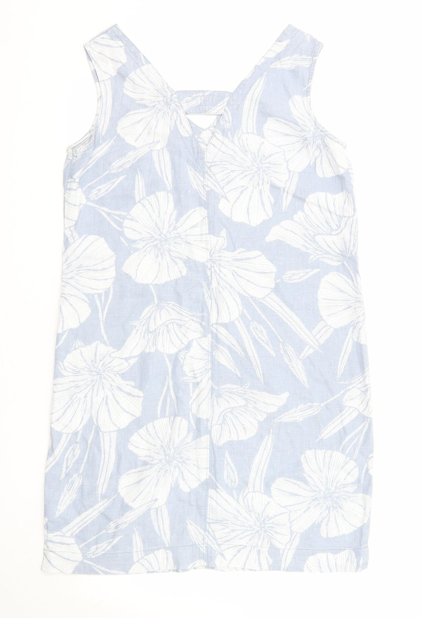 NEXT Womens Blue Floral Linen A-Line Size 8 V-Neck Pullover