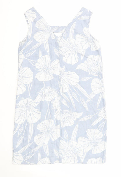 NEXT Womens Blue Floral Linen A-Line Size 8 V-Neck Pullover