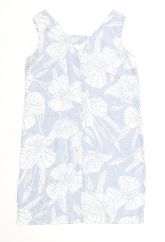 NEXT Womens Blue Floral Linen A-Line Size 8 V-Neck Pullover