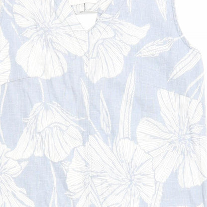NEXT Womens Blue Floral Linen A-Line Size 8 V-Neck Pullover
