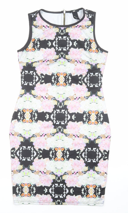 H&M Womens Multicoloured Geometric Polyester Bodycon Size S Round Neck Zip