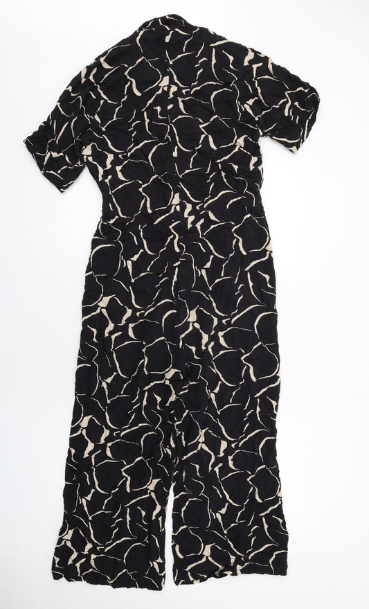Monki Womens Black Geometric Viscose Jumpsuit One-Piece Size 2XS Button