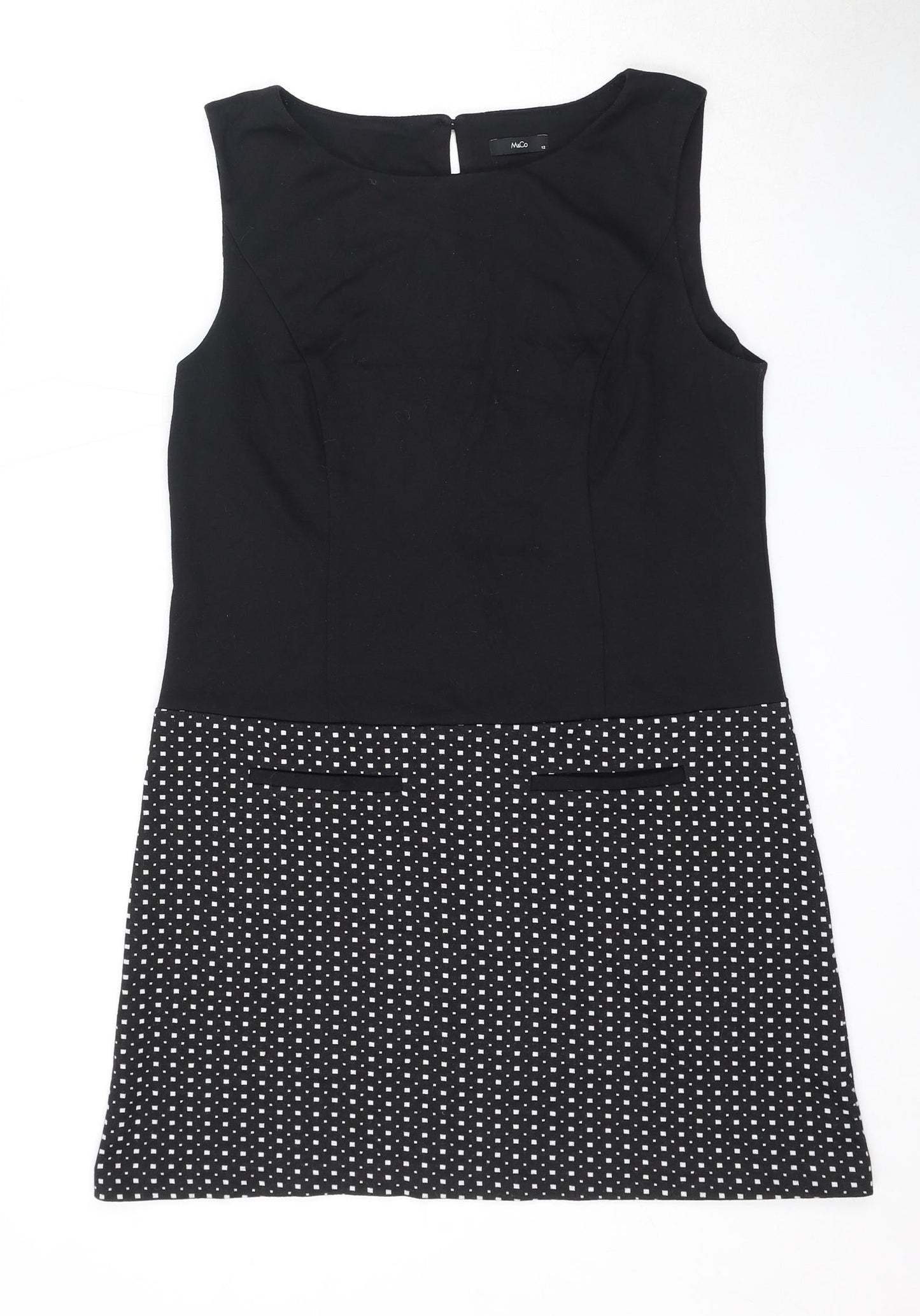 M&Co Womens Black Check Polyester A-Line Size 12 Round Neck Button