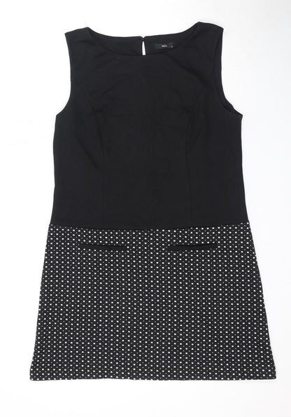 M&Co Womens Black Check Polyester A-Line Size 12 Round Neck Button