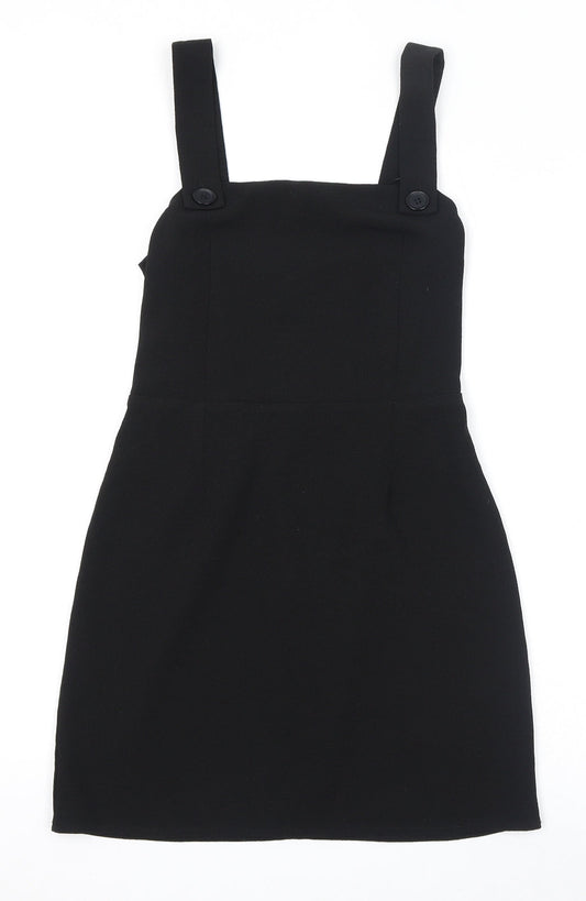 Miss Selfridge Womens Black Polyester Pinafore/Dungaree Dress Size 8 Square Neck Zip