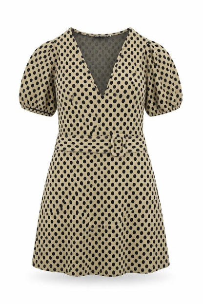 Zara Womens Brown Polka Dot Polyester A-Line Size S V-Neck Buckle