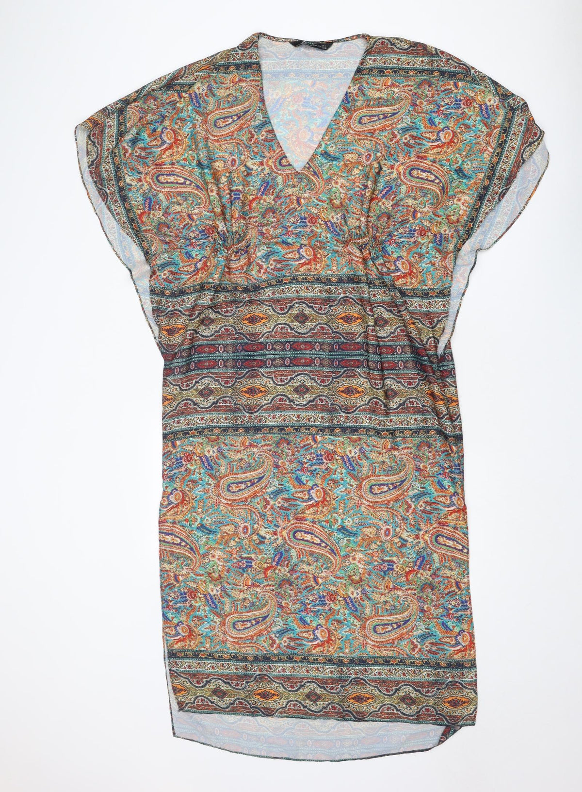 Zara Womens Multicoloured Geometric Polyester A-Line Size M V-Neck Pullover
