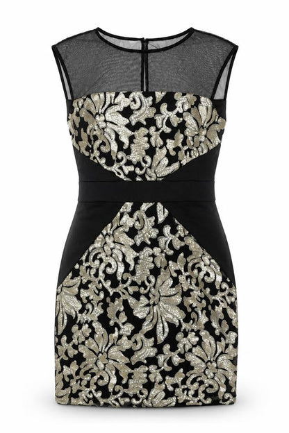 SD Collection Womens Black Geometric Polyester Bodycon Size 10 Round Neck Button