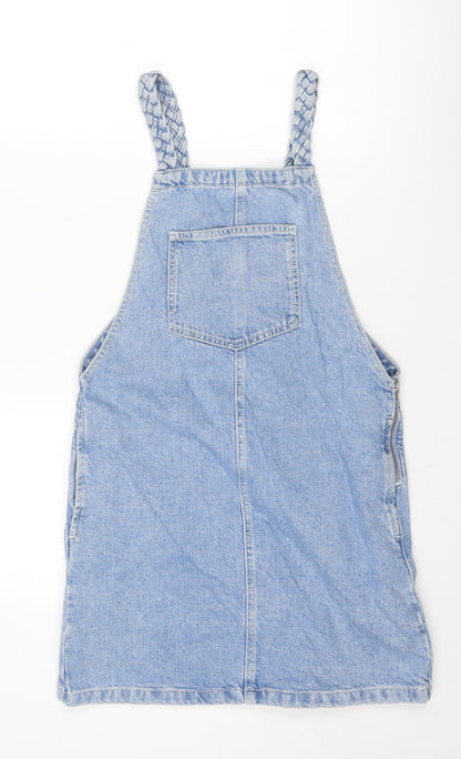 Topshop Womens Blue Cotton Pinafore/Dungaree Dress Size 6 Square Neck Pullover