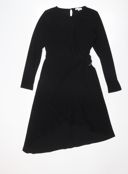 Warehouse Womens Black Polyester A-Line Size 8 Round Neck Button