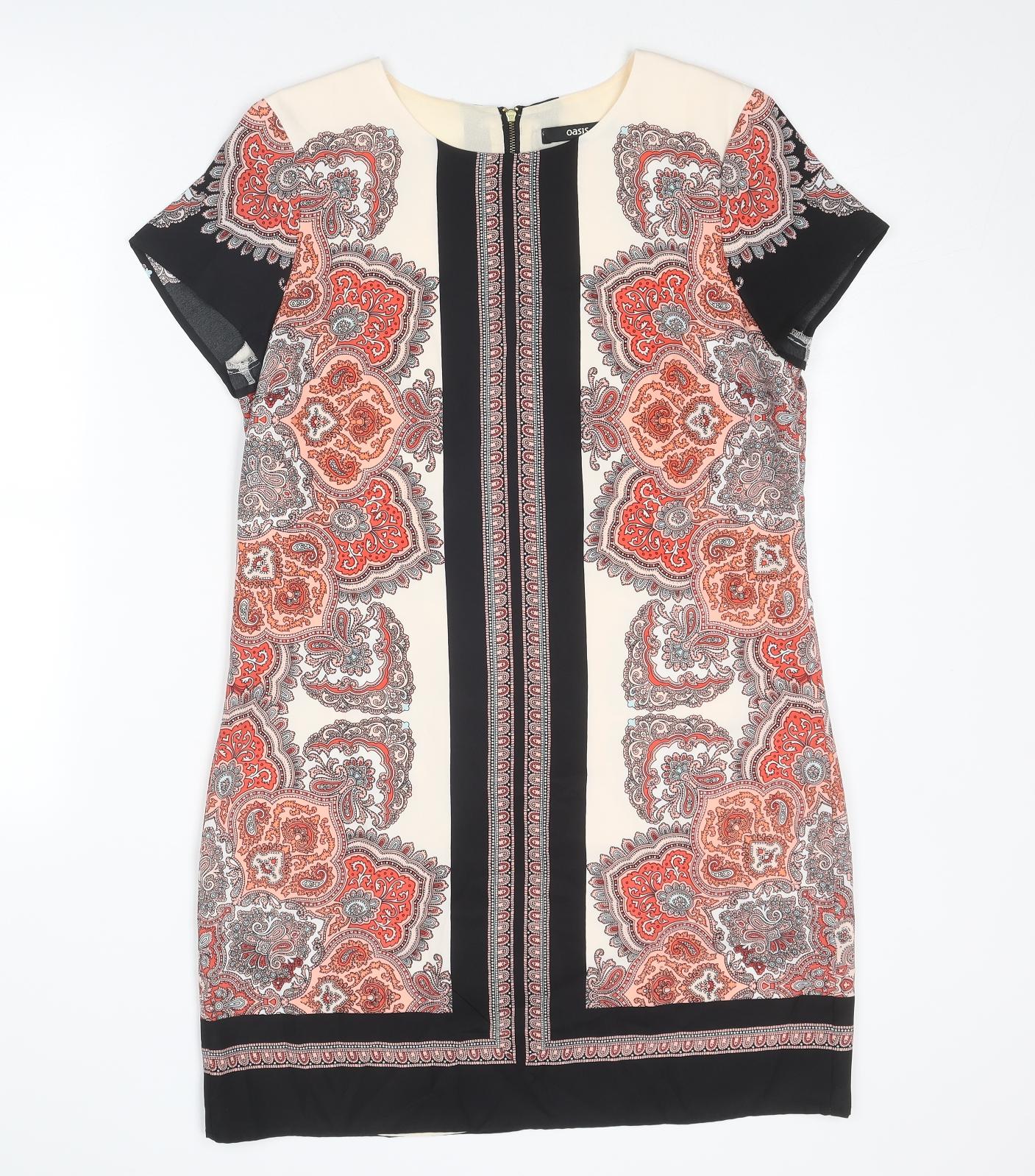 Oasis Womens Multicoloured Geometric Polyester A-Line Size 12 Round Neck Zip