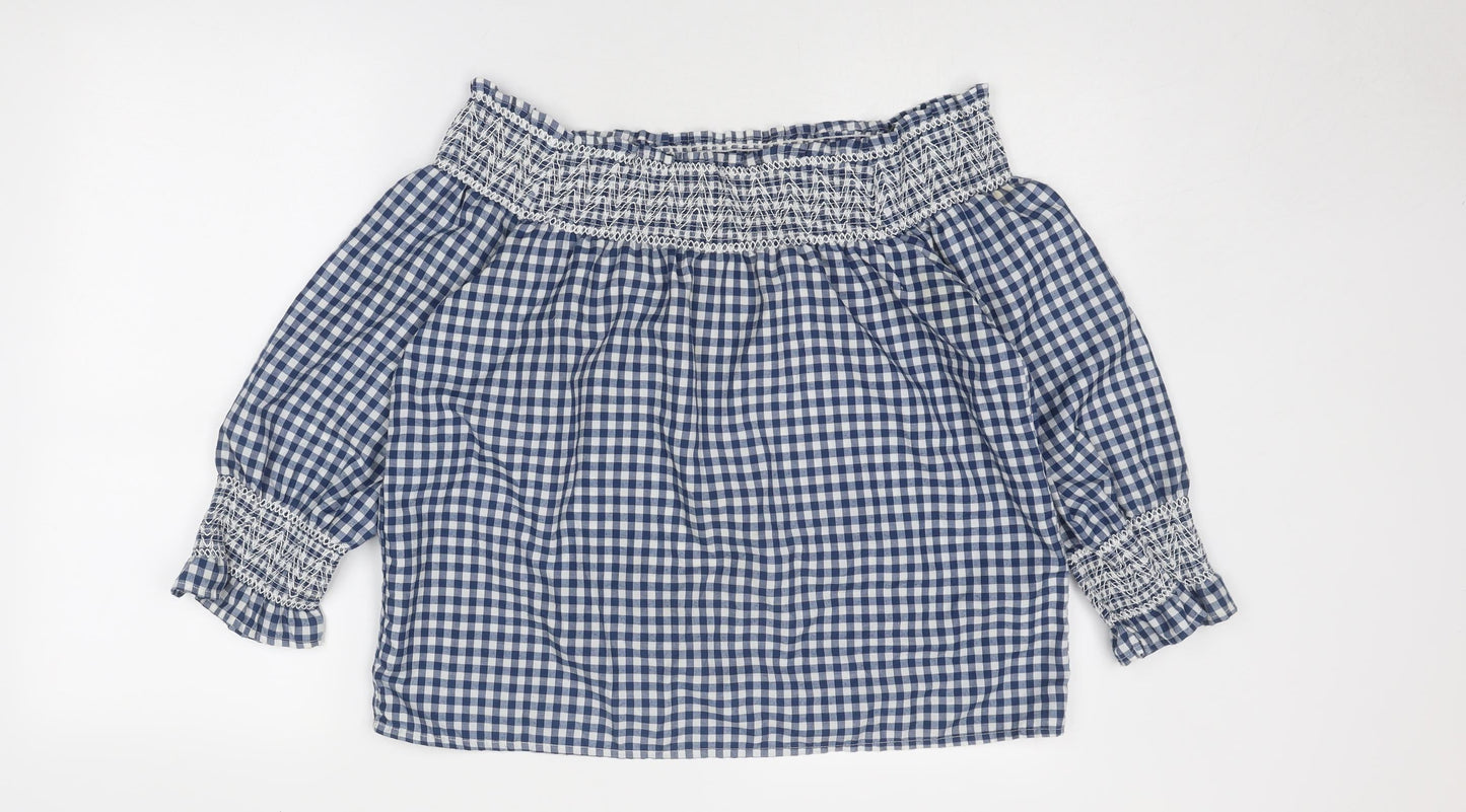 Boohoo Womens Blue Check Polyester Basic Blouse Size 10 Off the Shoulder