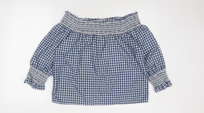 Boohoo Womens Blue Check Polyester Basic Blouse Size 10 Off the Shoulder