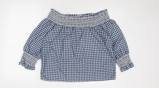 Boohoo Womens Blue Check Polyester Basic Blouse Size 10 Off the Shoulder