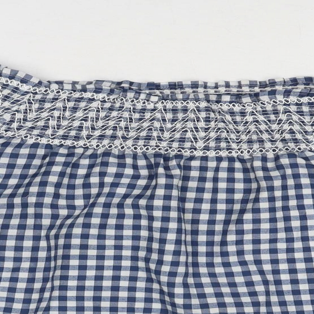 Boohoo Womens Blue Check Polyester Basic Blouse Size 10 Off the Shoulder