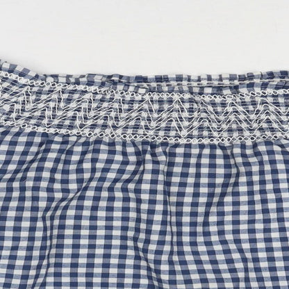 Boohoo Womens Blue Check Polyester Basic Blouse Size 10 Off the Shoulder