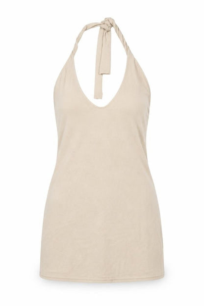 PRETTYLITTLETHING Womens Beige Cotton Shift Size 8 Halter Tie - Open Back