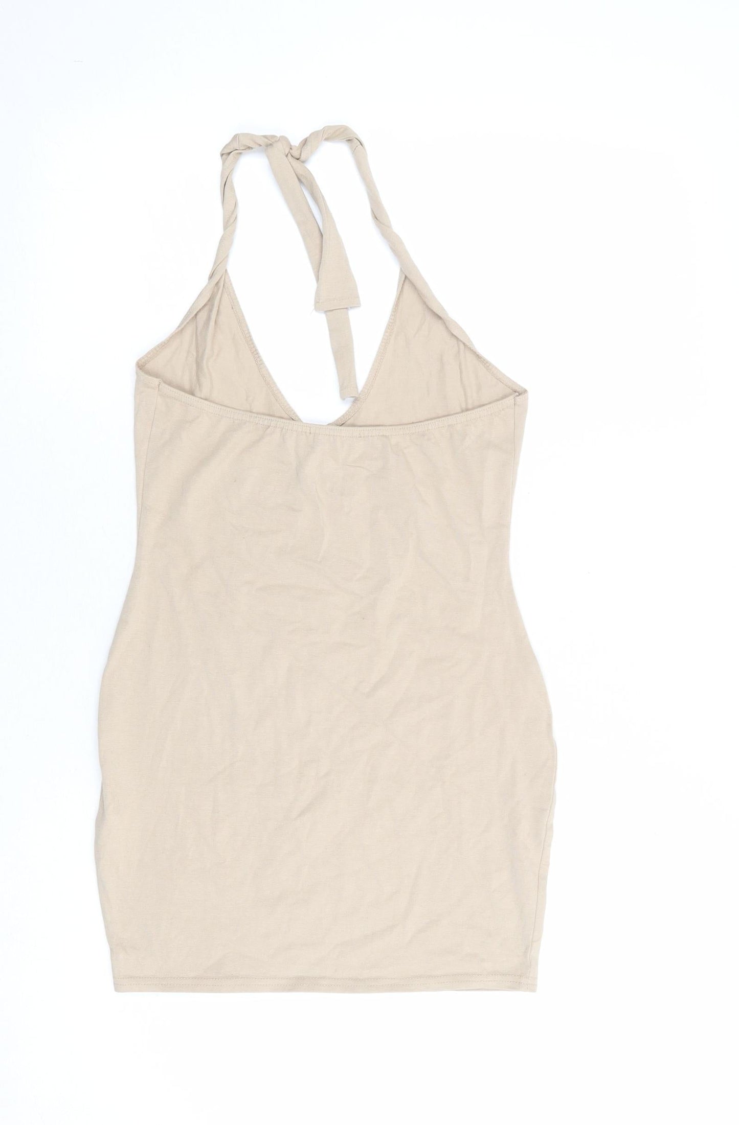 PRETTYLITTLETHING Womens Beige Cotton Shift Size 8 Halter Tie - Open Back
