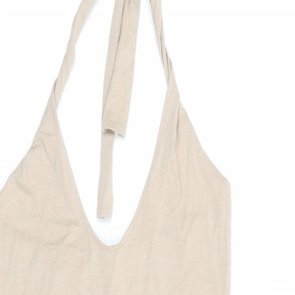 PRETTYLITTLETHING Womens Beige Cotton Shift Size 8 Halter Tie - Open Back