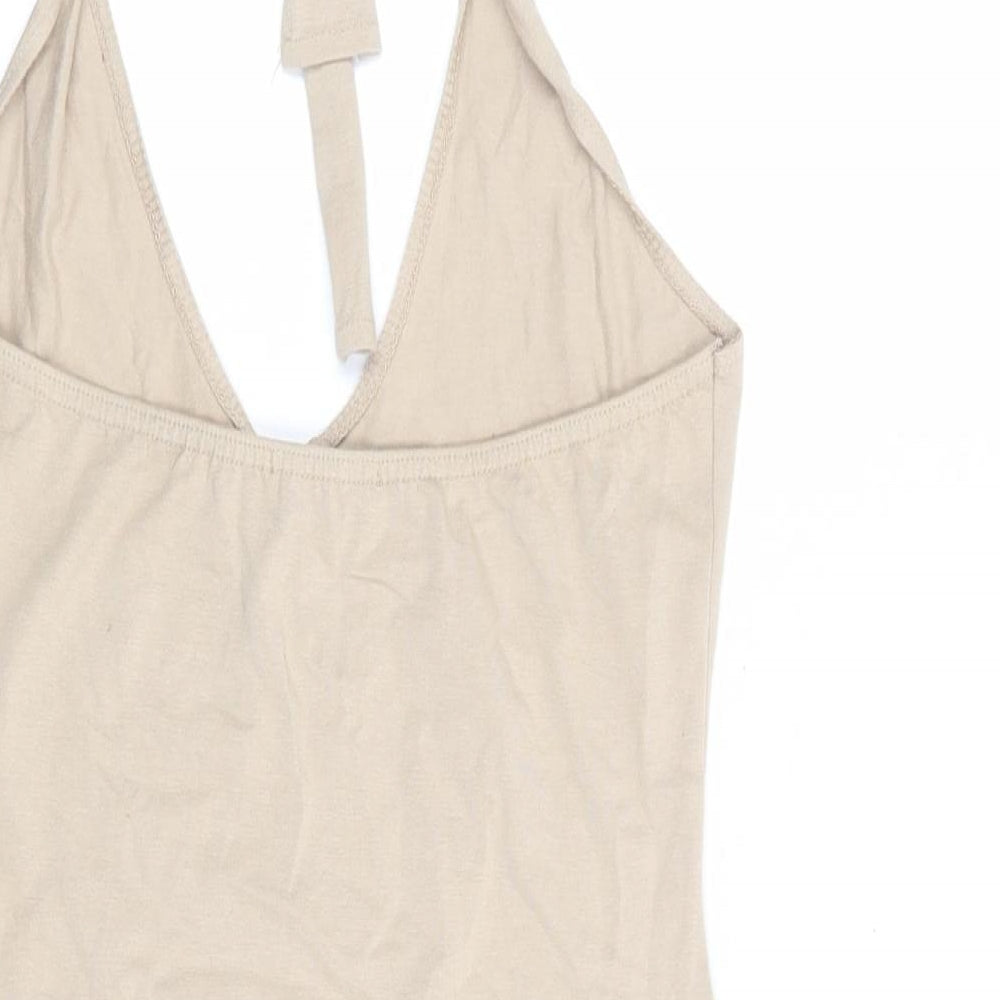 PRETTYLITTLETHING Womens Beige Cotton Shift Size 8 Halter Tie - Open Back