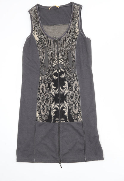 Crisca Womens Grey Geometric Polyester Shift Size S Round Neck Zip
