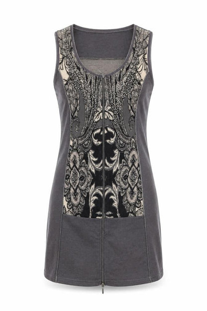 Crisca Womens Grey Geometric Polyester Shift Size S Round Neck Zip