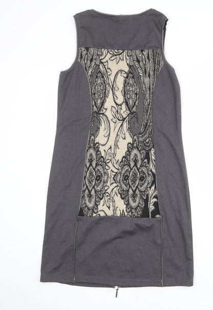 Crisca Womens Grey Geometric Polyester Shift Size S Round Neck Zip