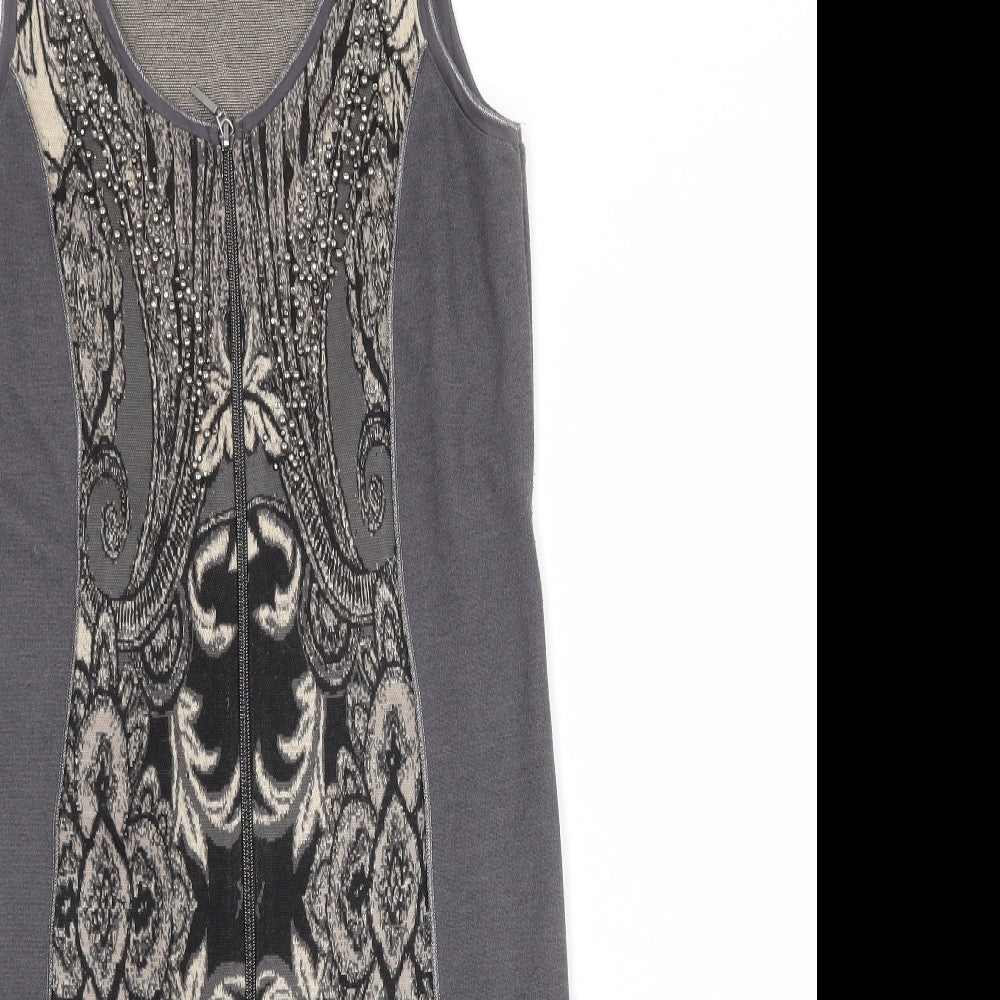Crisca Womens Grey Geometric Polyester Shift Size S Round Neck Zip