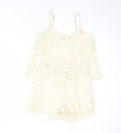 Additional front view of Rebel women’s beige floral polyester playsuit one-piece, size M, pullover