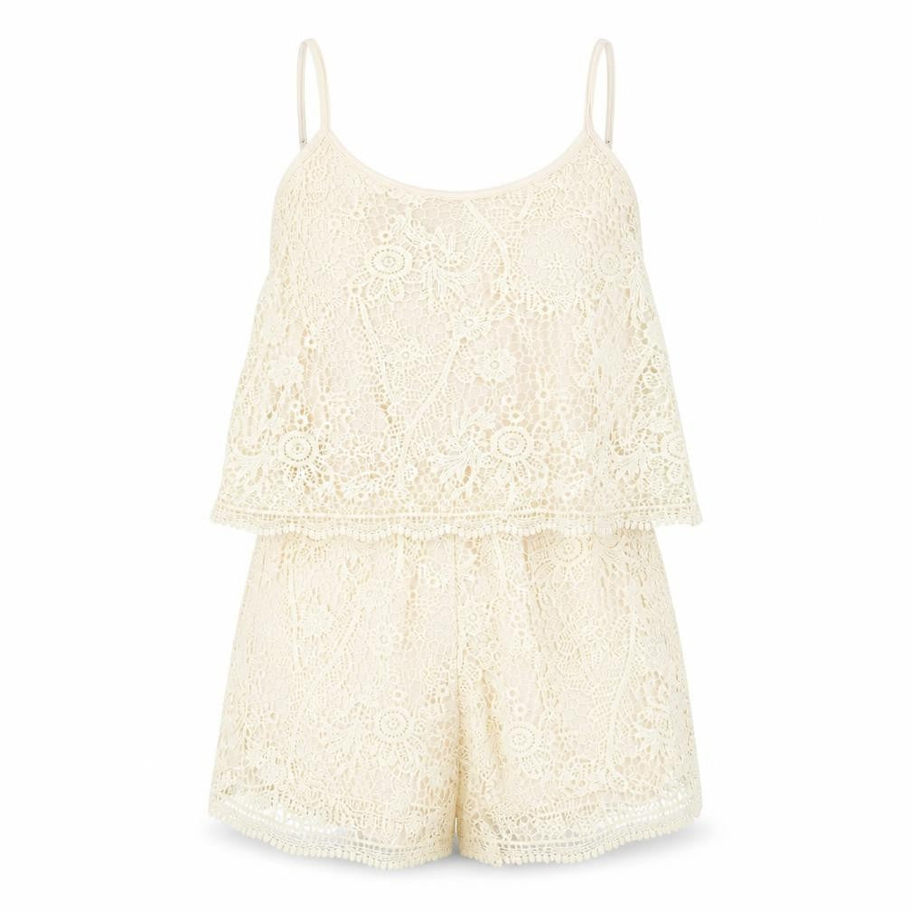 Front view of Rebel women’s beige floral polyester playsuit one-piece, size M, pullover