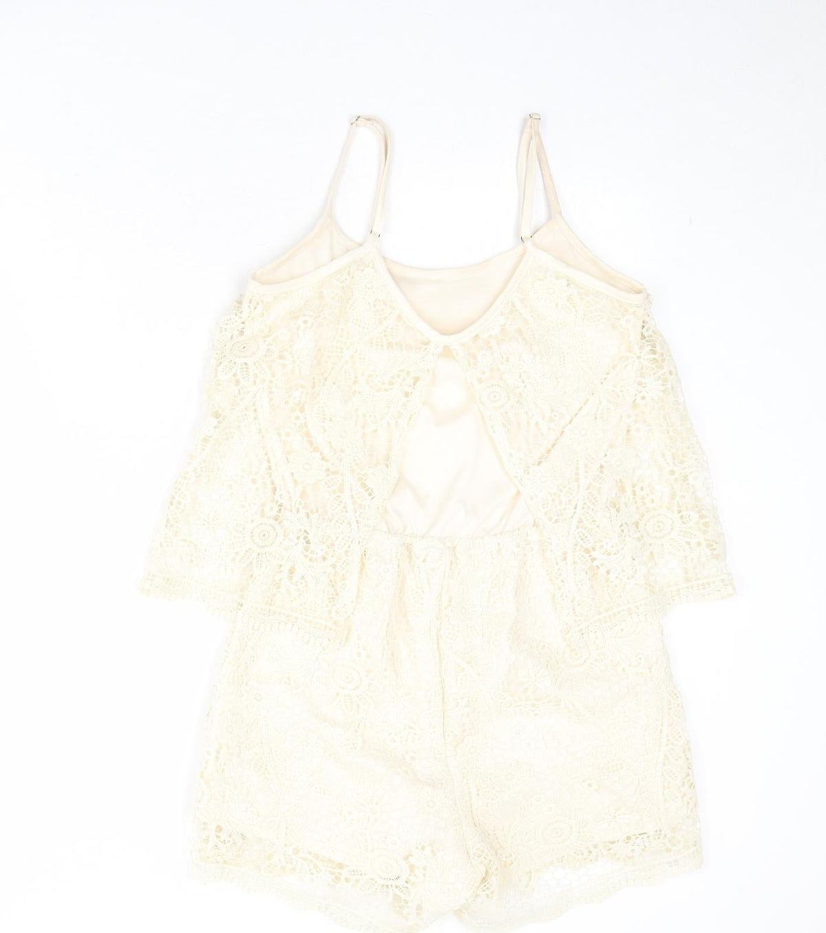 Back view of Rebel women’s beige floral polyester playsuit one-piece, size M, pullover